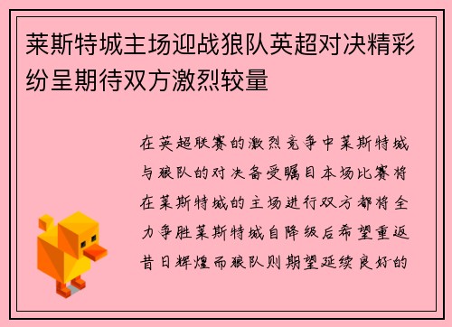 莱斯特城主场迎战狼队英超对决精彩纷呈期待双方激烈较量